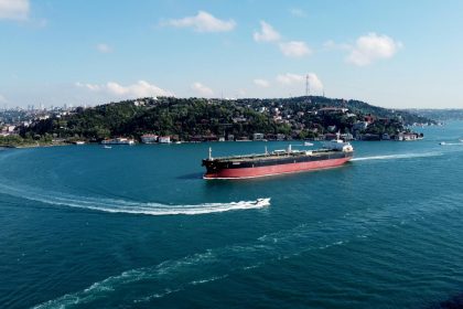 Aerial view of a cargo ship navigating through the Bosphorus Strait in Istanbul, Turkey.
